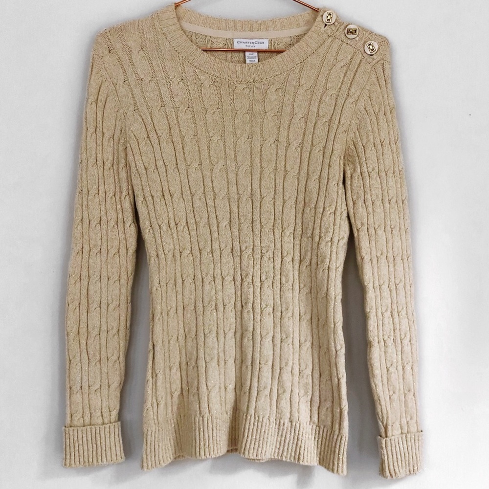 90s Vintage Charter Club Metallic Thread Cable Knit Sweater Ecru Size Small - Picture 11 of 11